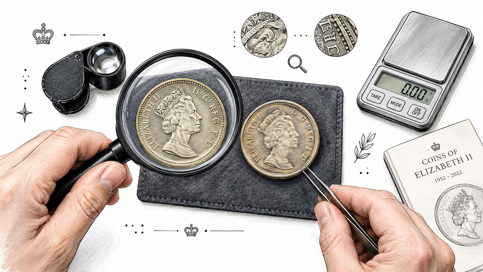 A pair of hands examining Queen Elizabeth II coins with a magnifying glass and metal tweezers.