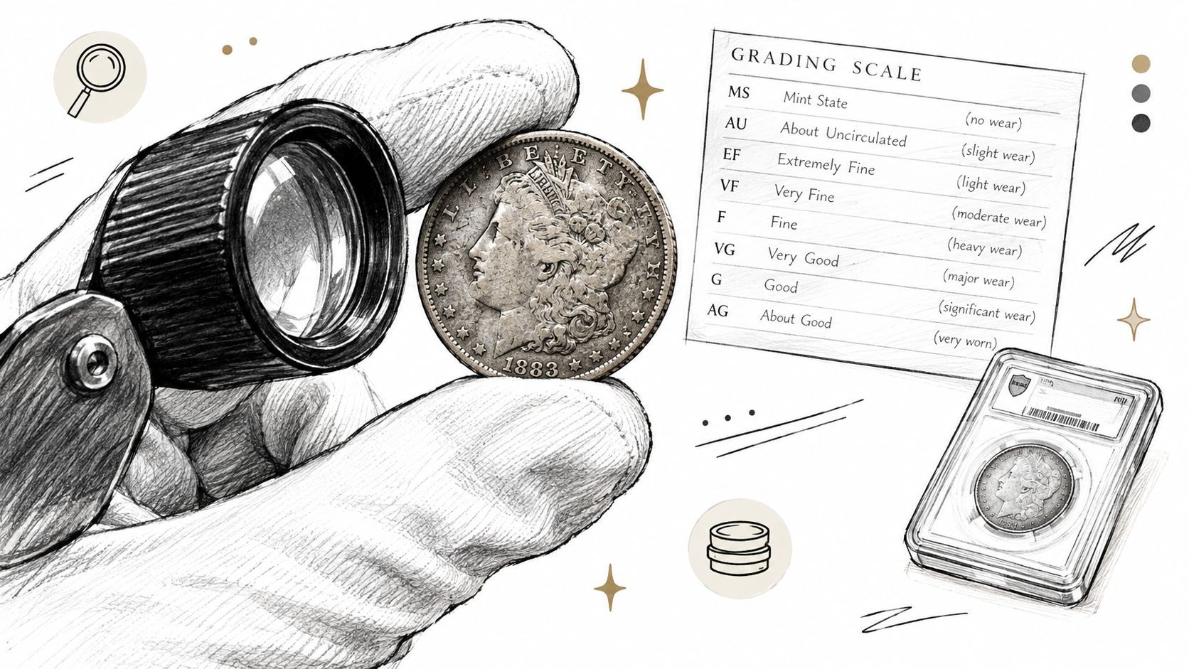 A hand examines a vintage Morgan silver dollar with a magnifying glass beside a coin grading scale.