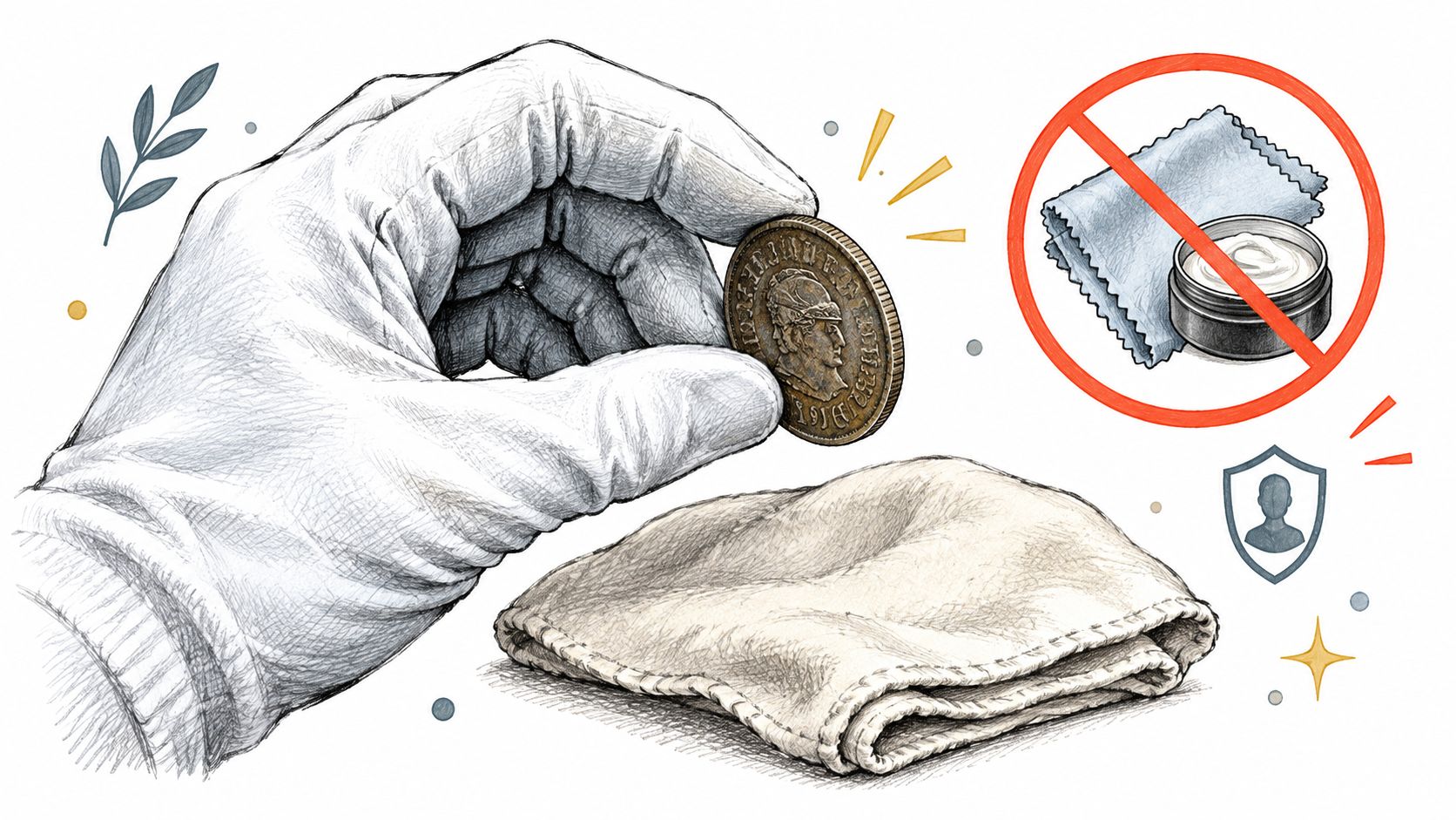 A hand in a white glove holding an antique coin with a warning against cleaning agents.