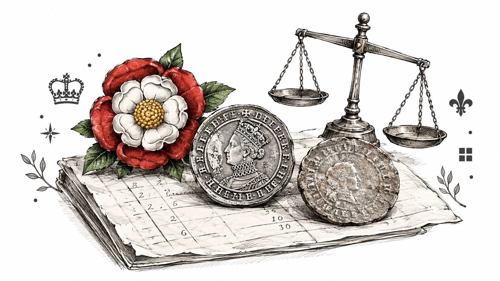 A historical illustration featuring Queen Elizabeth I coins, a Tudor rose, and a vintage scale on paper.