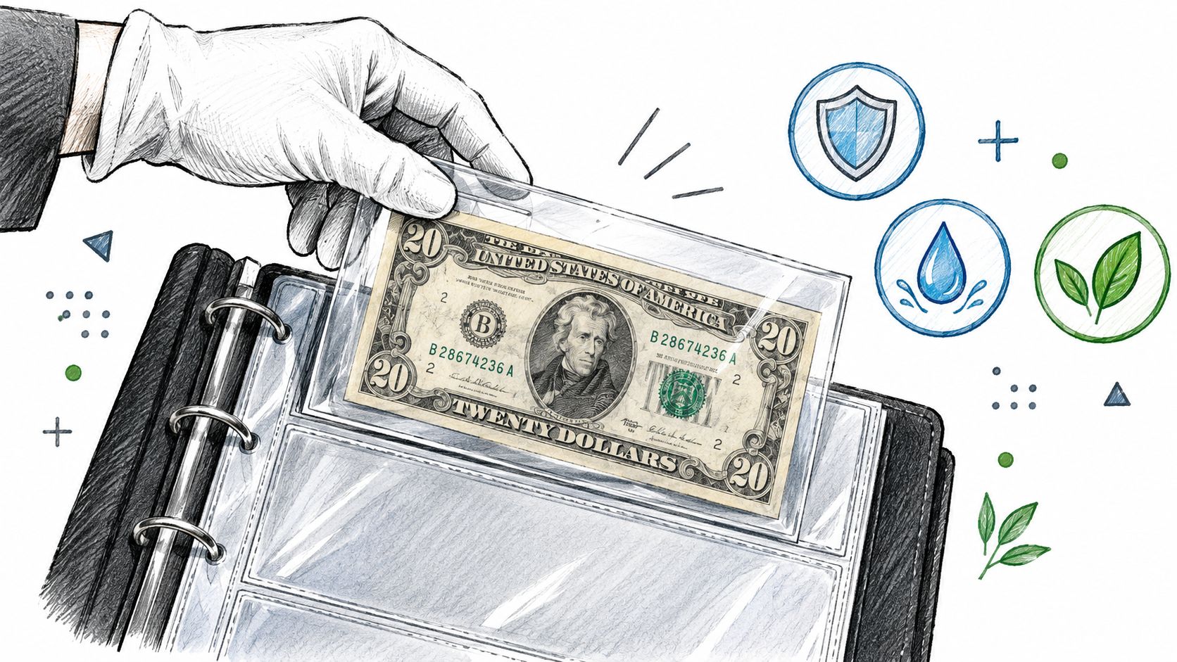 A gloved hand places a twenty-dollar bill into a protective binder sleeve for safe storage.