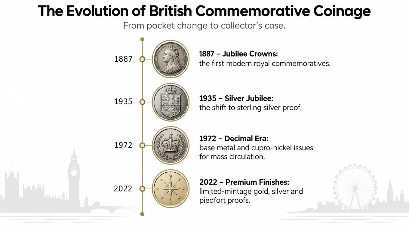A timeline graphic showing the evolution of British commemorative coinage from 1887 to 2022 with coin examples.
