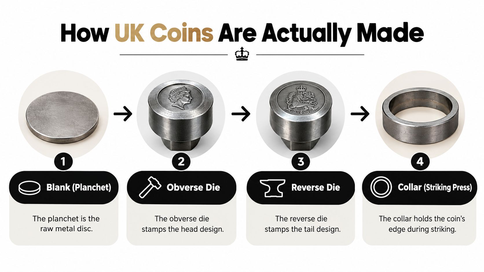 A diagram illustrating the four steps of how UK coins are manufactured using dies and collars.