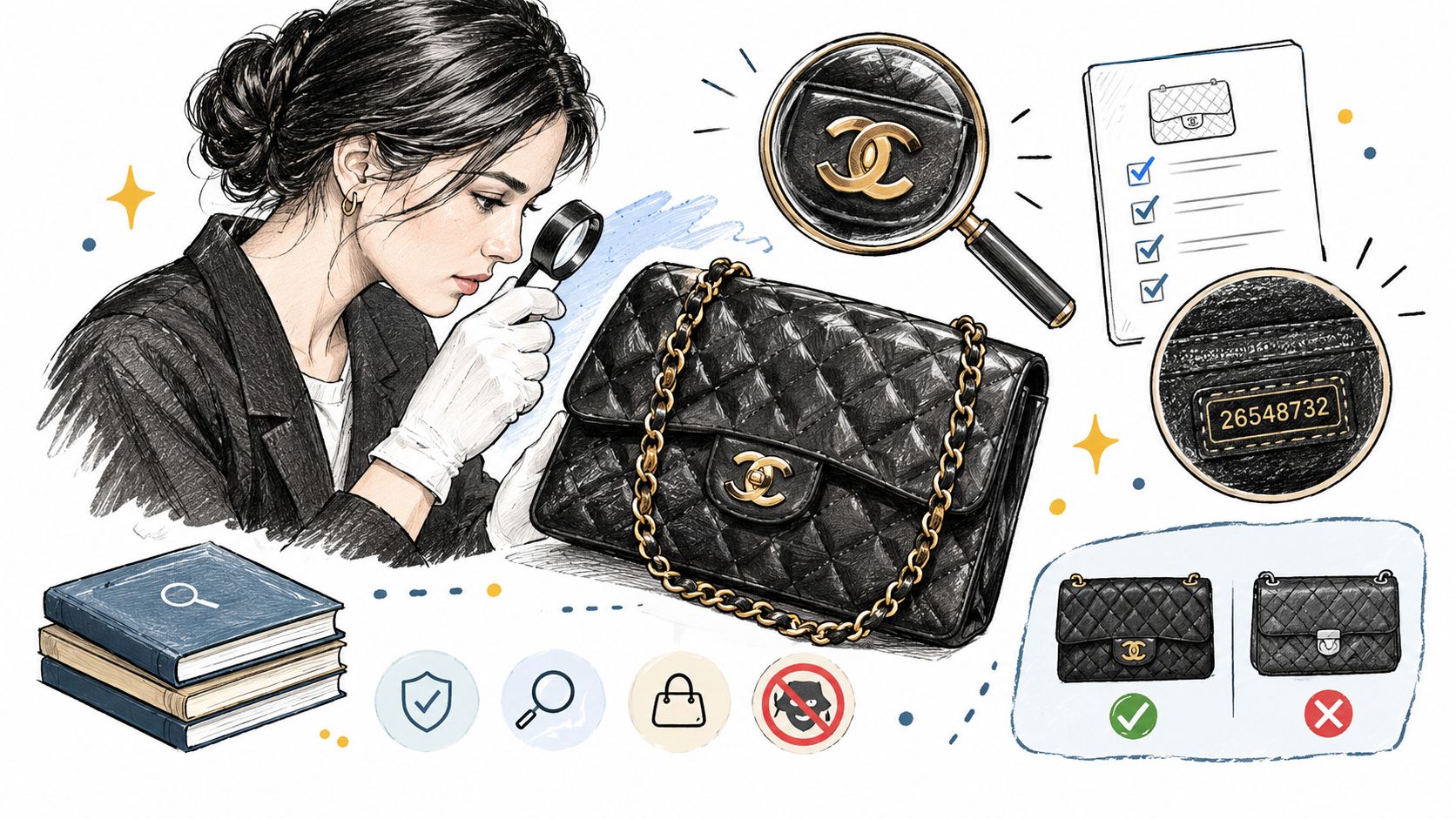 A professional authentication expert examining a luxury Chanel handbag with a magnifying glass to verify authenticity.