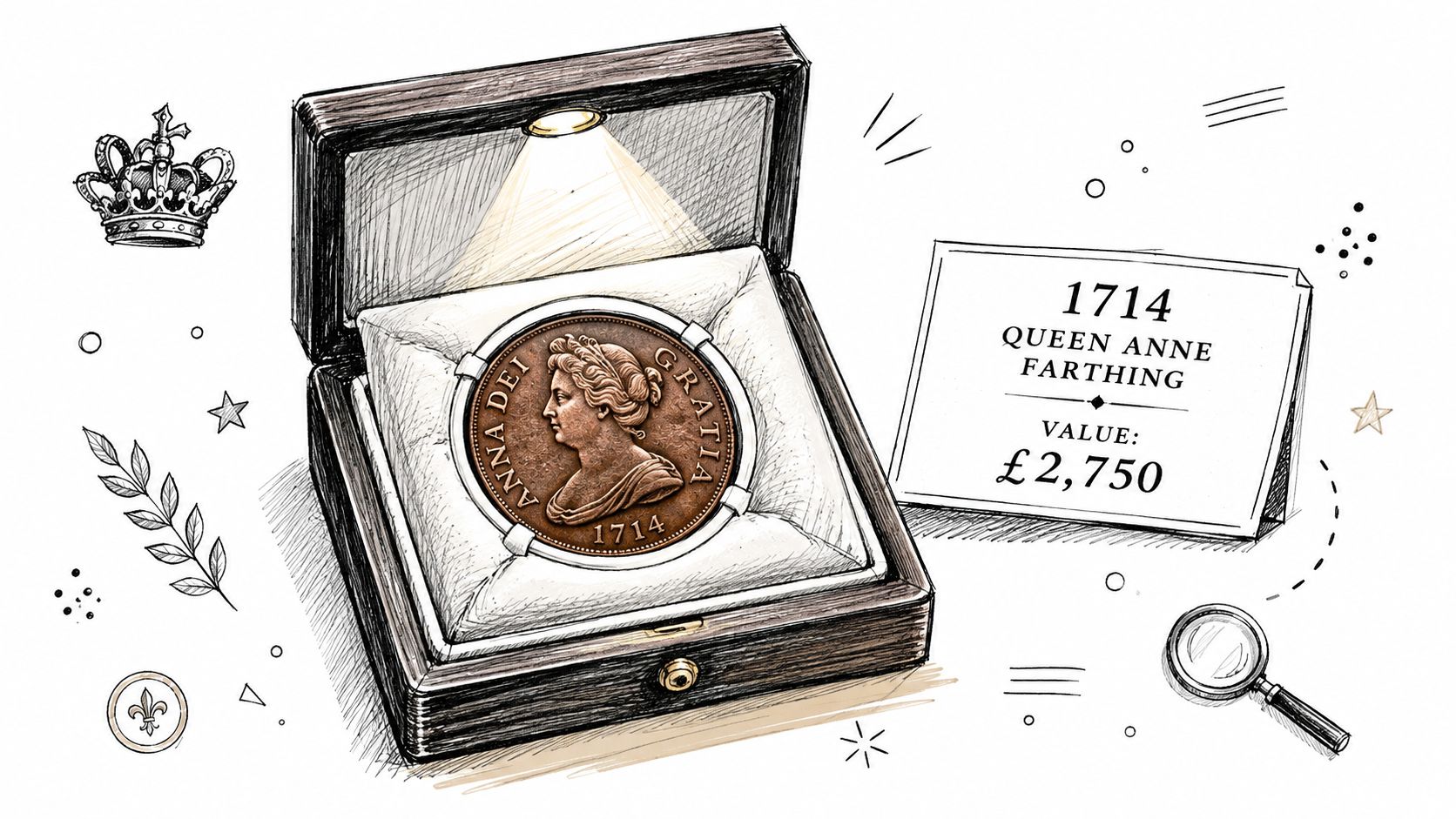 An illustration of a rare 1714 Queen Anne farthing coin displayed in a velvet lined presentation box.