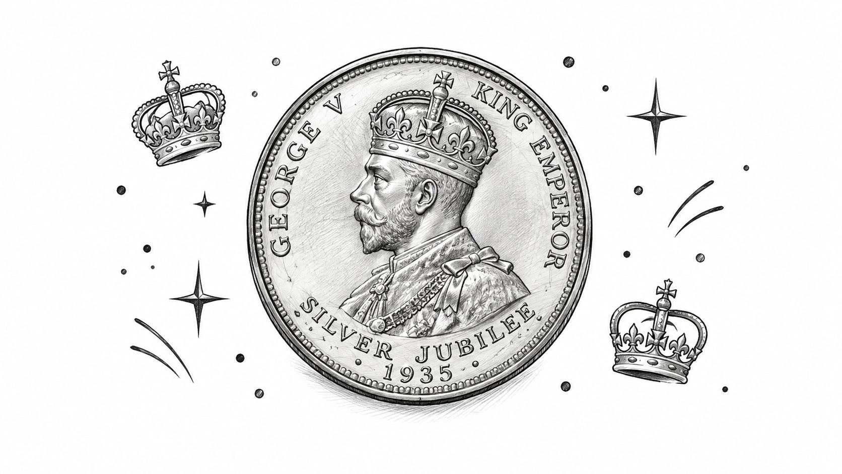A detailed charcoal sketch of a 1935 British Silver Jubilee commemorative crown coin featuring King George V.