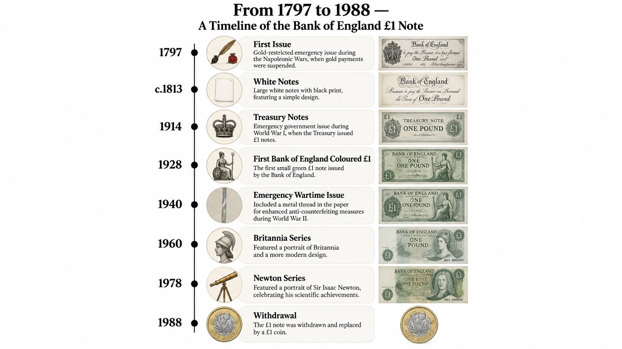 A historical timeline displaying the evolution of the British one pound note from 1797 until its 1988 withdrawal.