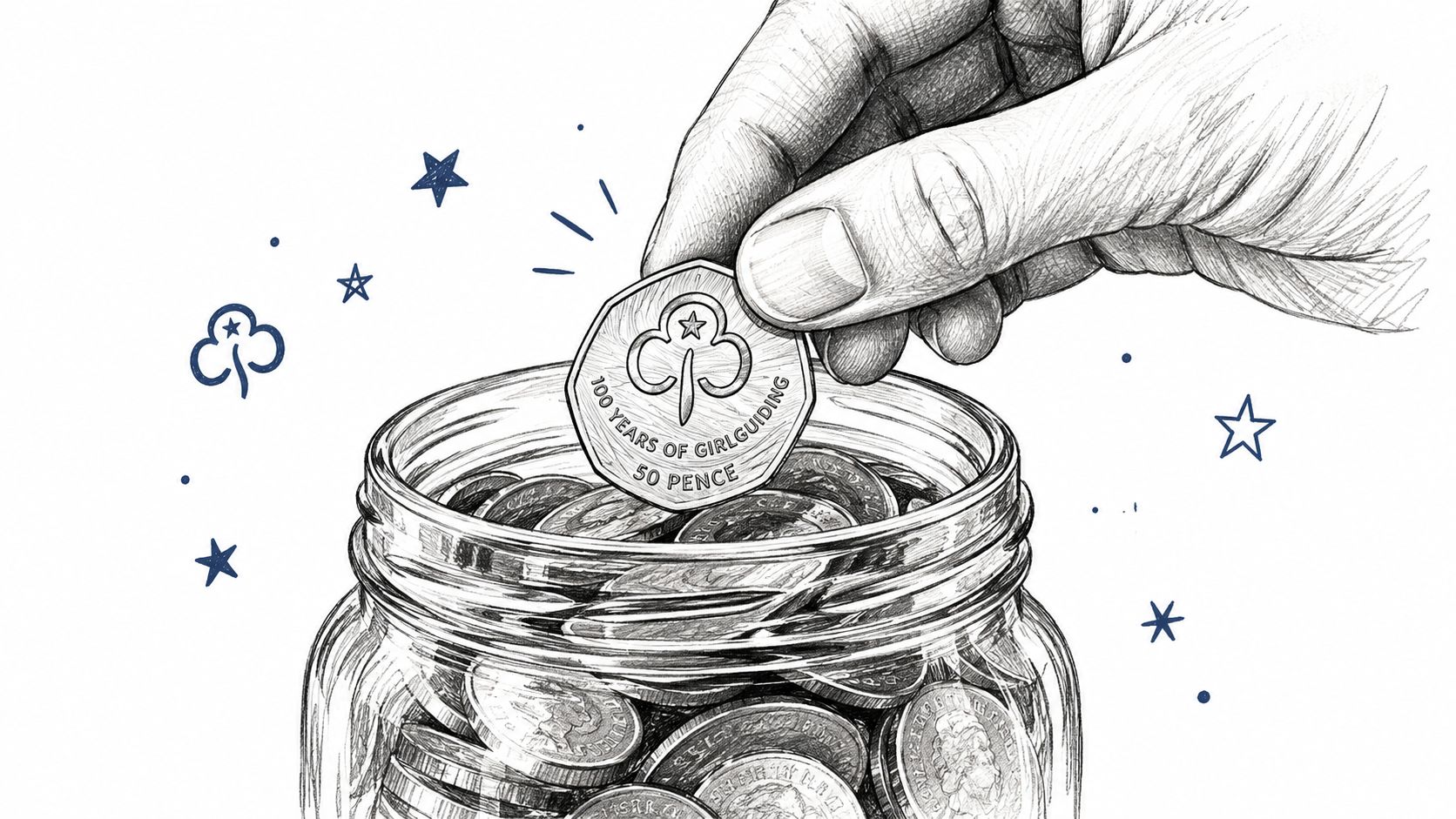 A hand placing a 100 years of Girlguiding 50p coin into a glass jar filled with coins.