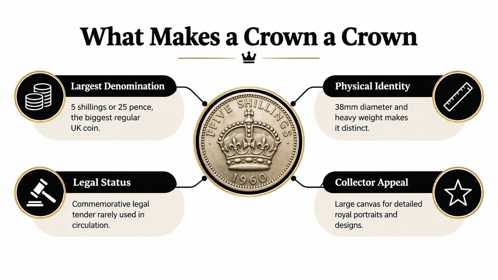 An infographic detailing the features of a British crown coin, including its denomination, size, and status.