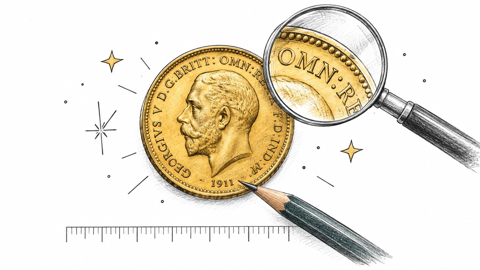 A detailed illustration of a 1911 gold guinea coin under a magnifying glass with a pencil.