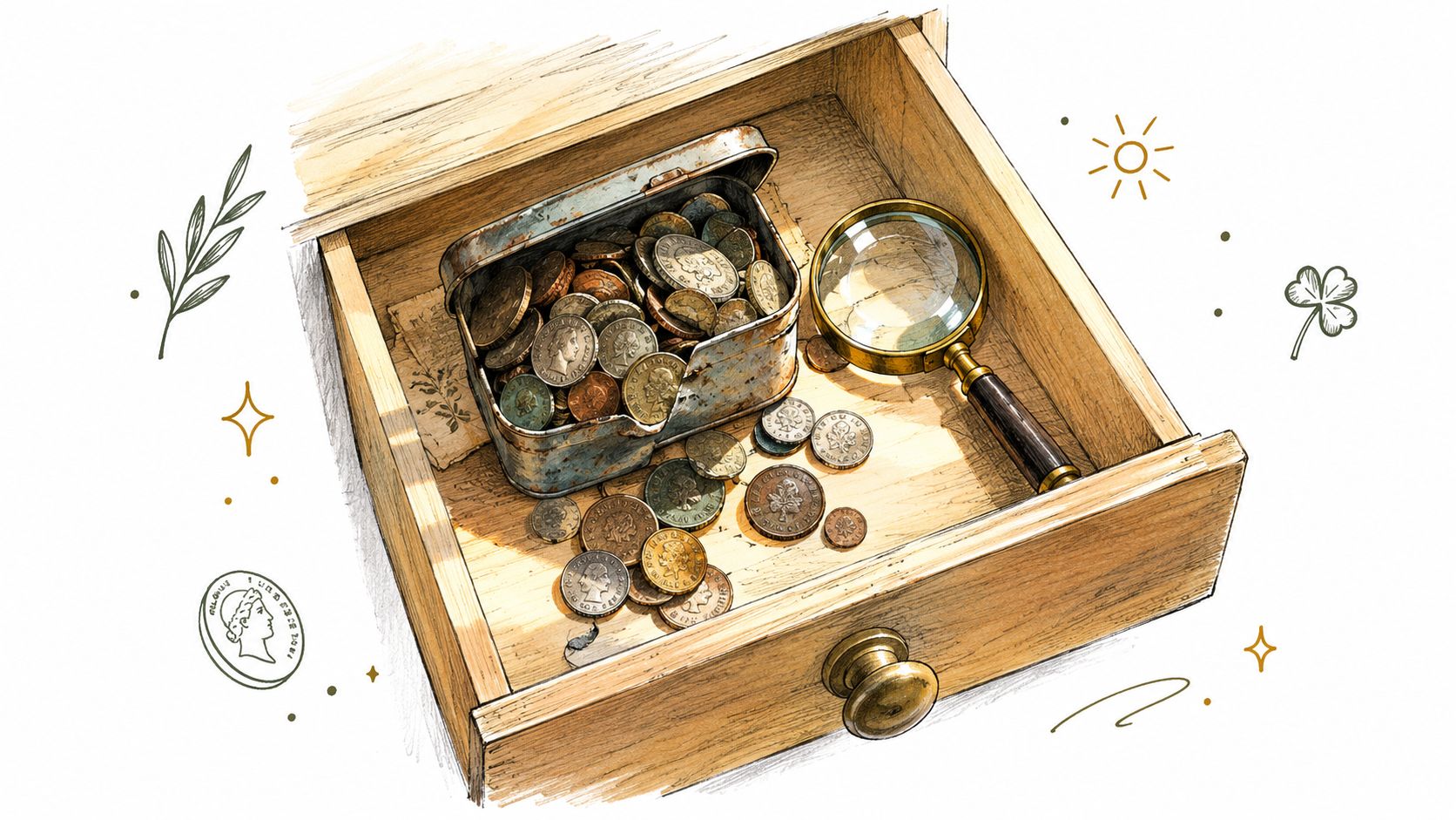 A wooden drawer containing an old metal box filled with vintage coins and a magnifying glass.