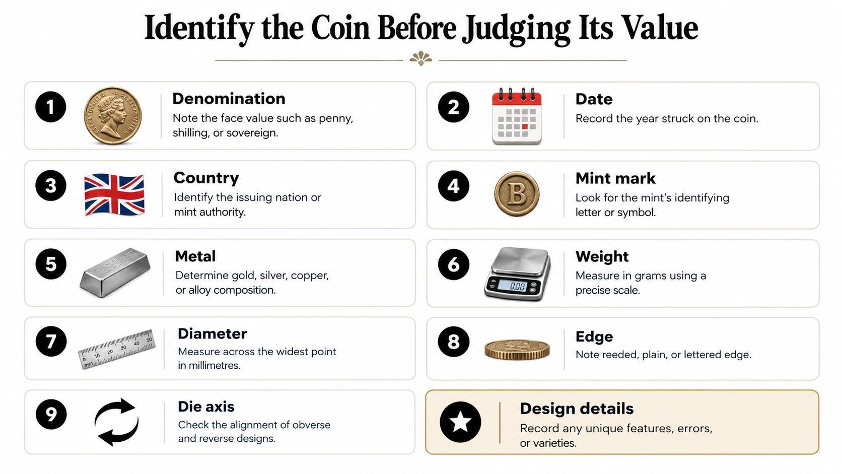 An infographic titled Identify the Coin Before Judging Its Value outlining nine key steps for evaluating coins.