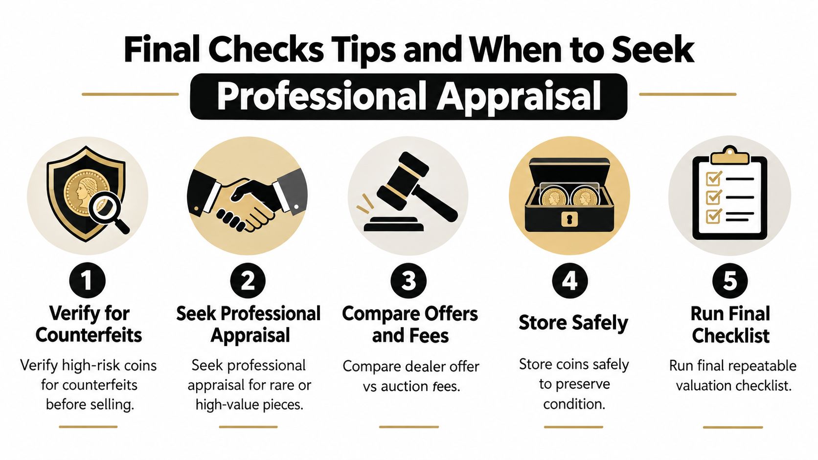 An infographic showing five steps for coin appraisal, including verification, professional assessment, fee comparison, storage, and checklists.
