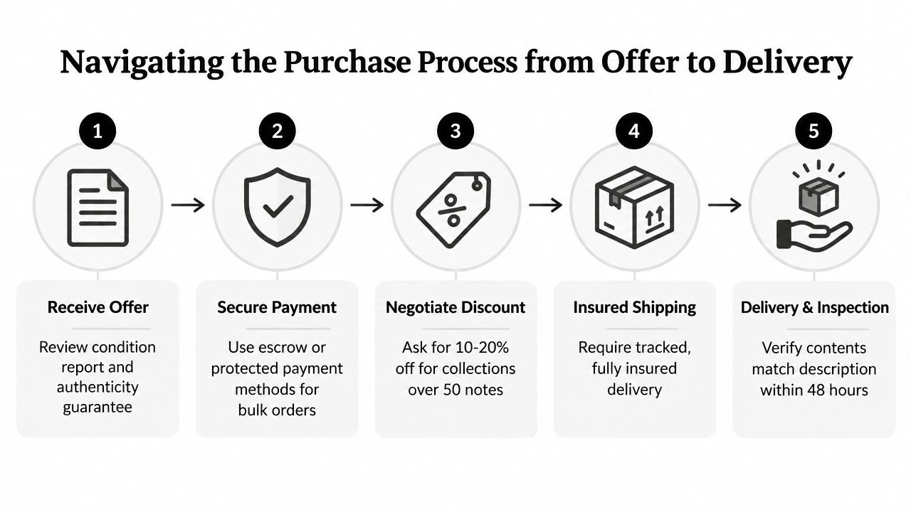 A five-step infographic showing the purchase process for a banknote collection from offer to final delivery.