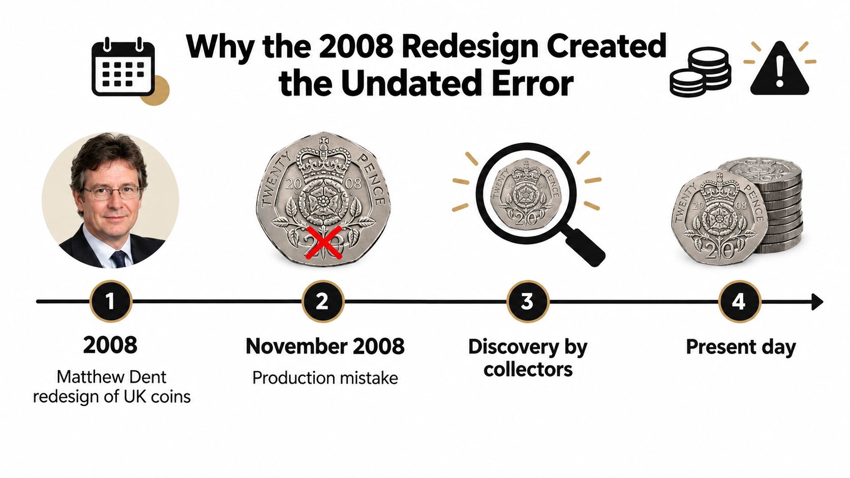 A timeline infographic illustrating the production mistake that created the rare undated British 20p coin error.