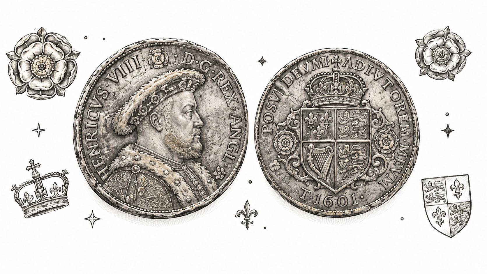 A detailed illustration of an antique silver coin featuring the profile of Henry VIII and a royal crest.