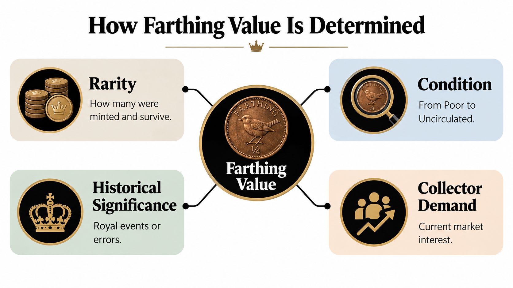 A diagram illustrating the four key factors that determine the value of a vintage farthing coin.