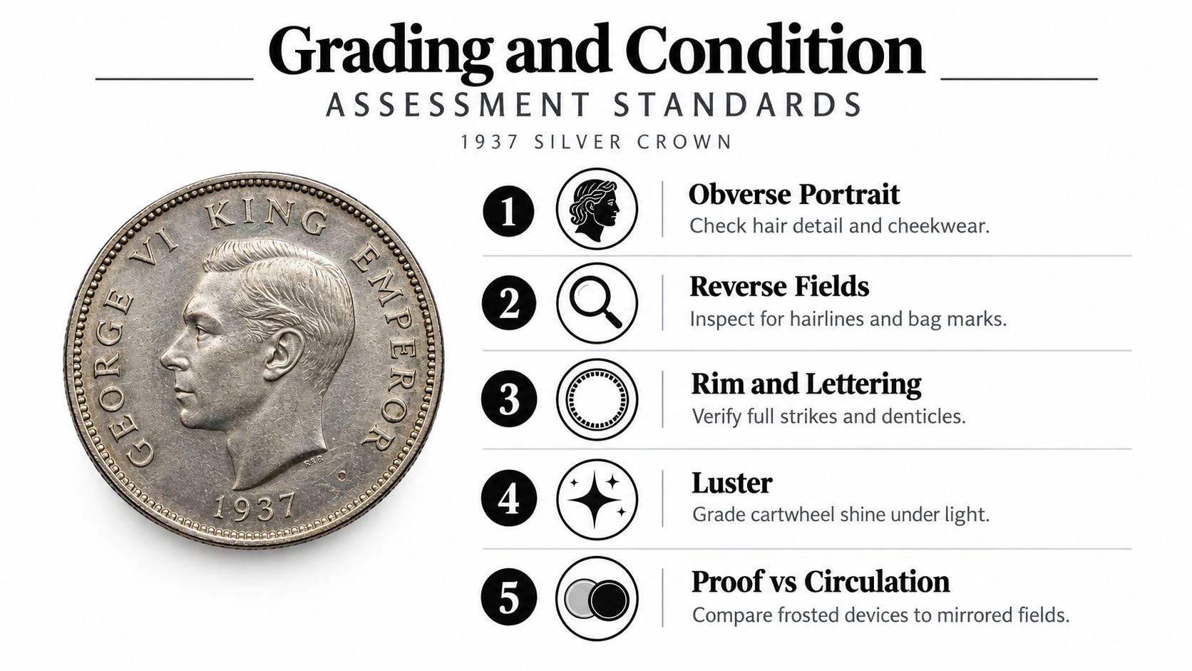 A visual guide illustrating the five key standards for grading and assessing a 1937 silver crown coin.