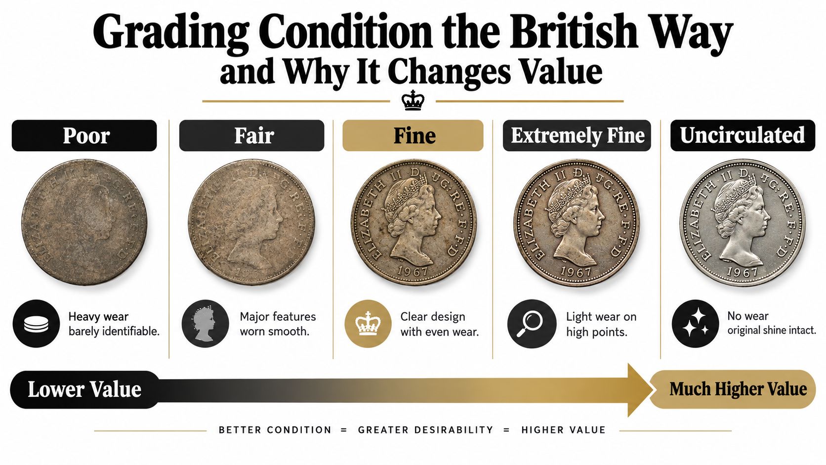 A chart showing British coin grading standards from Poor condition to Uncirculated for Queen Elizabeth II coins.