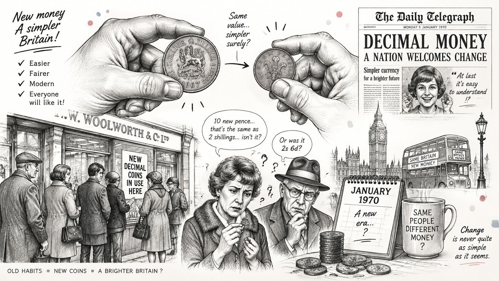 A pencil sketch illustration comparing old British currency to new decimal coins during the 1970 transition.