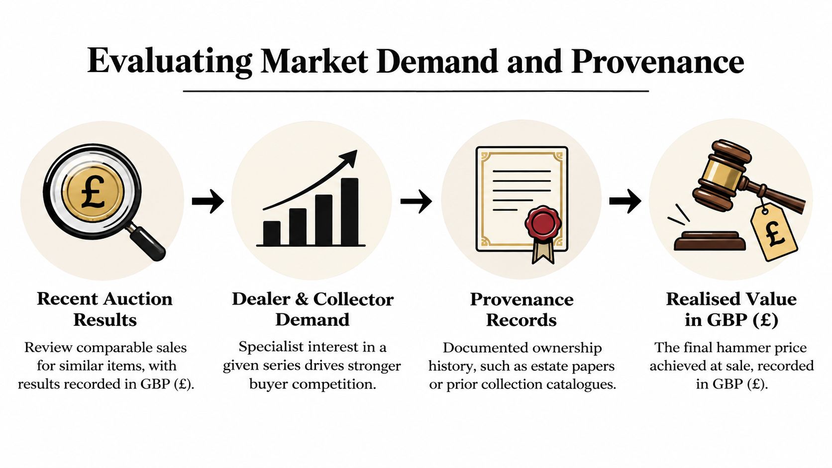 A four-step infographic showing the process of evaluating market demand and provenance for valuable items.