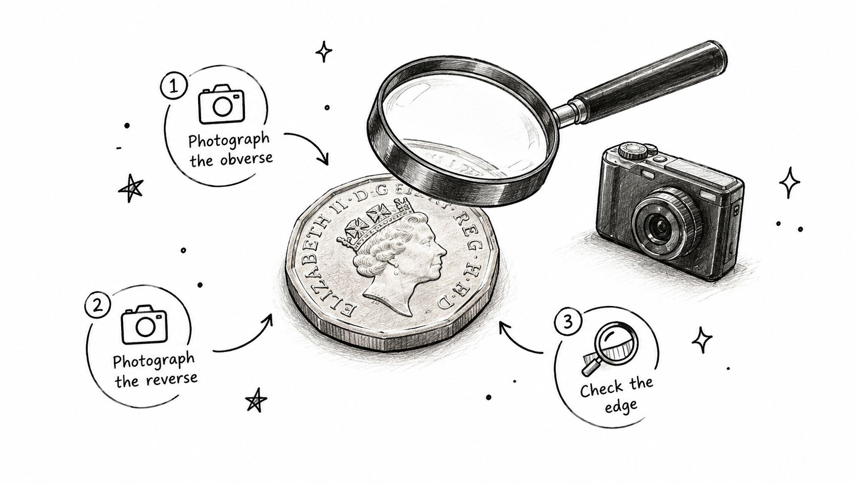A hand-drawn illustration depicting the steps to identify UK coin errors using a camera and magnifying glass.