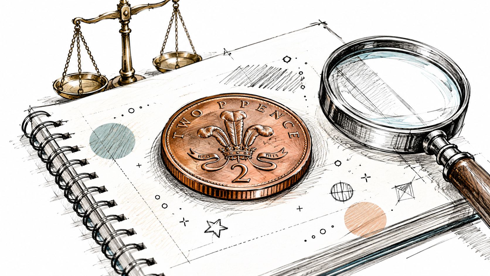 A close-up drawing of a British two pence coin on a notepad with a scale and magnifying glass.