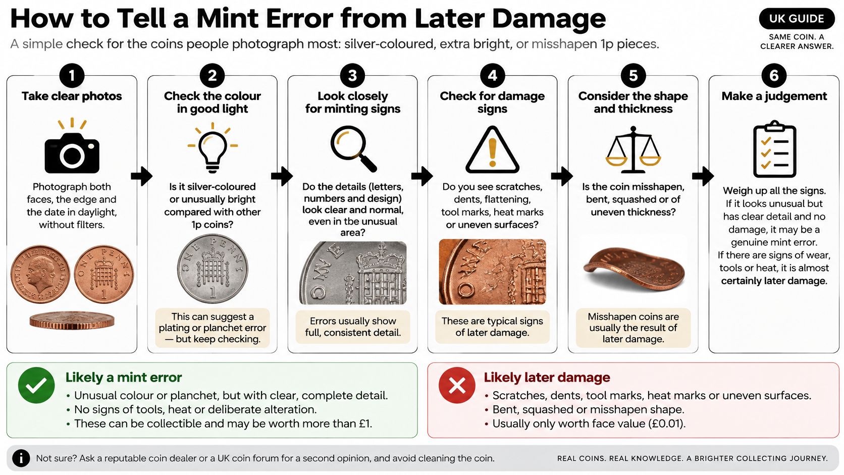 An infographic guide explaining how to distinguish genuine mint error coins from post-mint damage in UK pennies.
