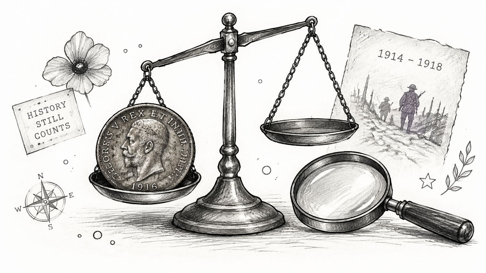 A conceptual illustration featuring a vintage 1916 coin, a WWI scene, a poppy, and a magnifying glass.