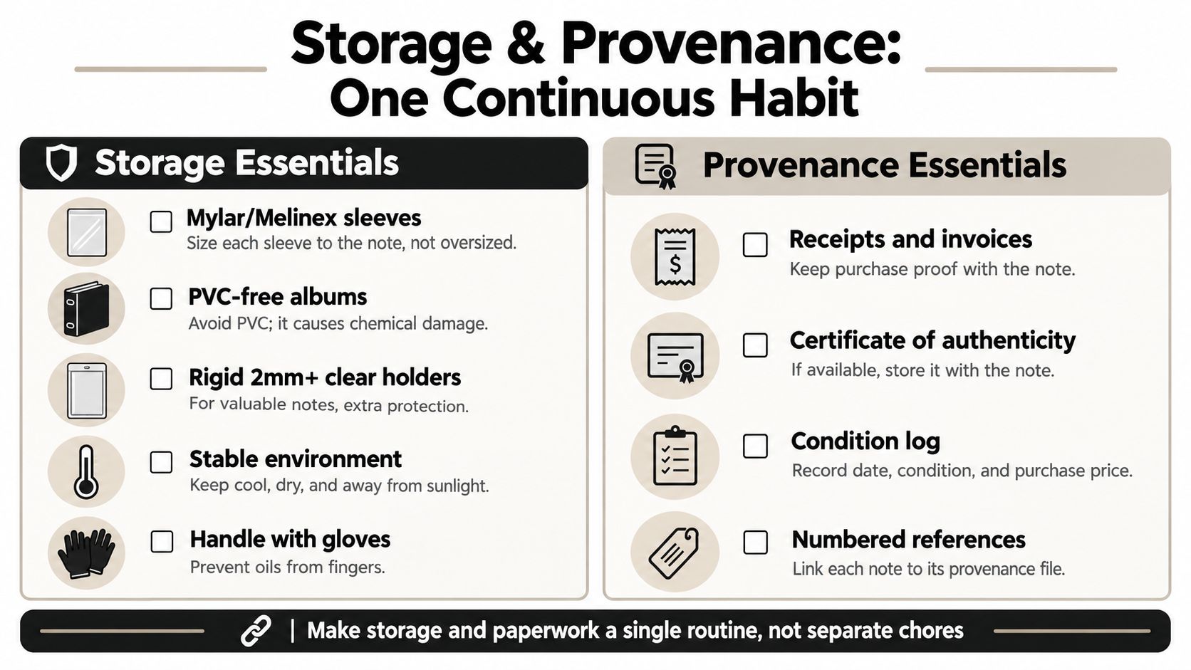 An infographic detailing essential best practices for storing and maintaining the provenance of collectible world banknotes.