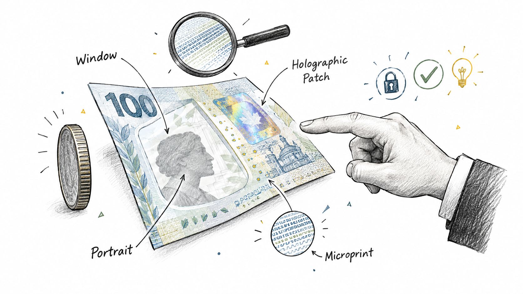 A detailed illustration showing the security features of a Canadian one hundred dollar banknote with magnifying glass