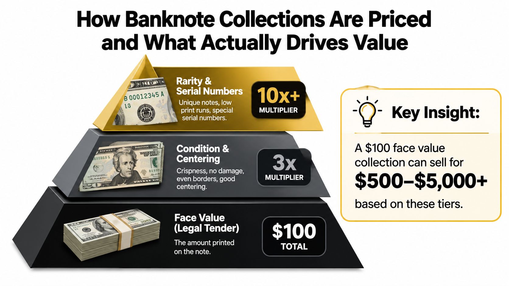 A tiered pyramid diagram explaining the factors that determine the value of a banknote collection.