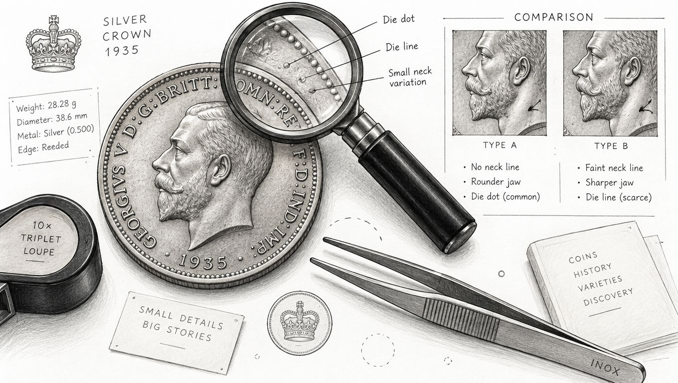 An artistic illustration displaying a 1935 British silver crown coin with magnification showing key identification features.
