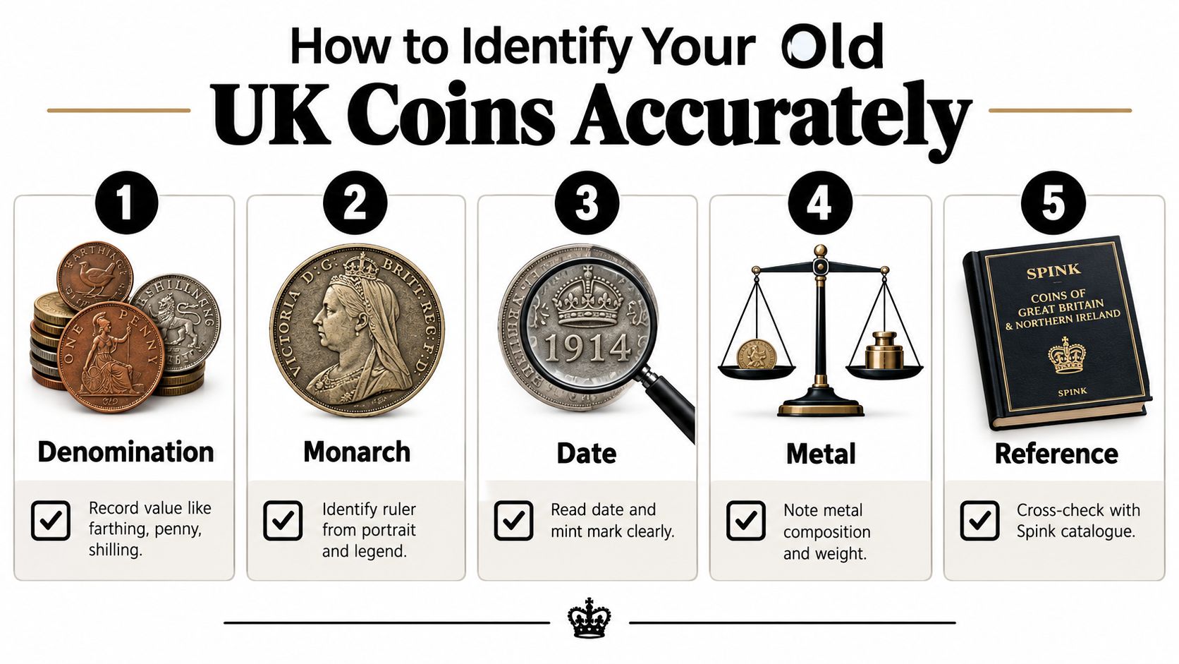 An infographic showing five steps to identify old UK coins including denomination, monarch, date, metal, and reference.