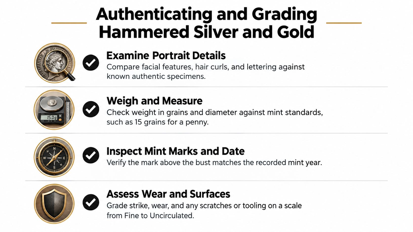 An infographic showing four steps for authenticating and grading hammered silver and gold historical coins.