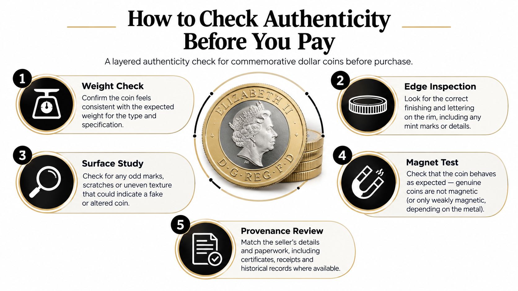 An infographic displaying five essential steps for verifying the authenticity of collectible and commemorative dollar coins.
