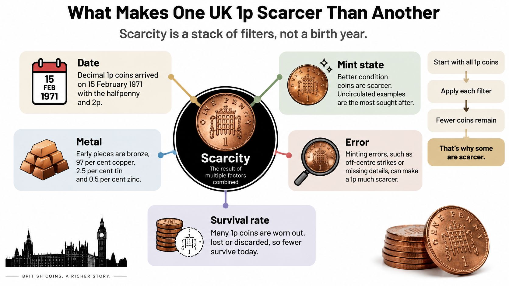 An infographic titled What Makes One UK 1p Scarcer Than Another, explaining factors that impact coin rarity.