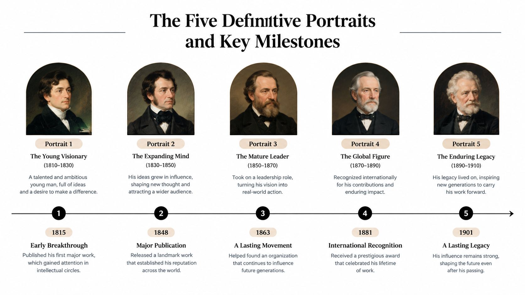 A timeline chart titled The Five Definitive Portraits and Key Milestones depicting historical life achievements.