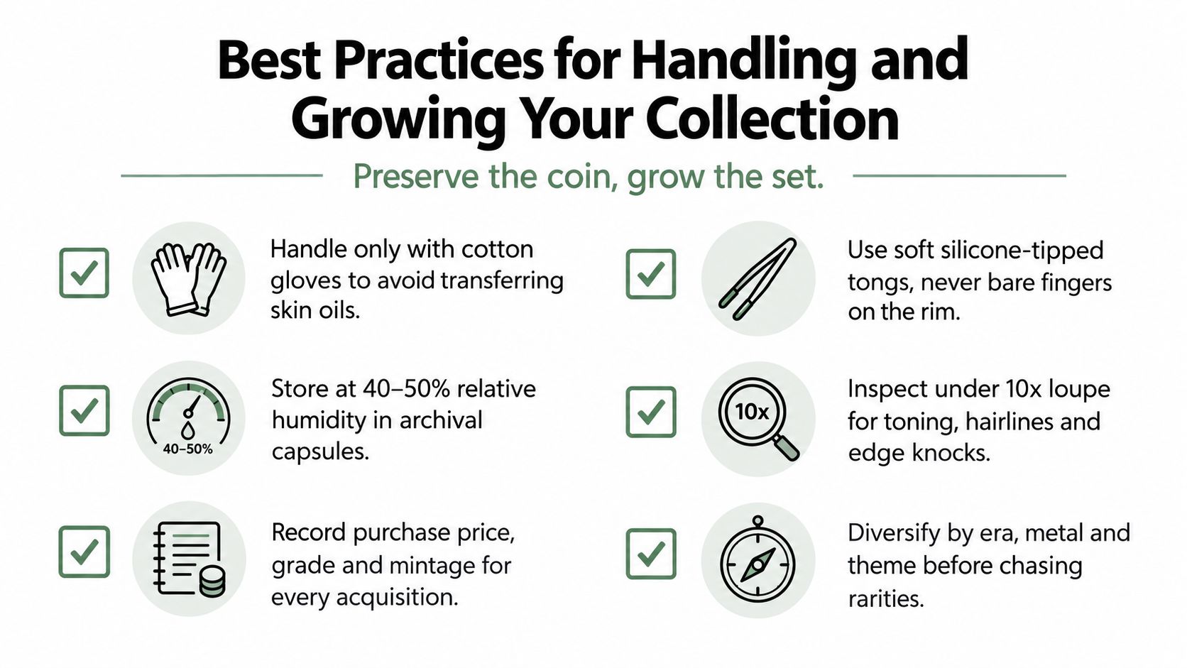 An infographic titled Best Practices for Handling and Growing Your Collection offering advice on coin storage and maintenance.