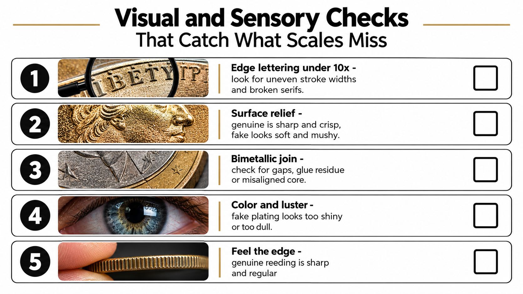 A checklist of visual and sensory inspection tips for identifying counterfeit coins by examining physical features.