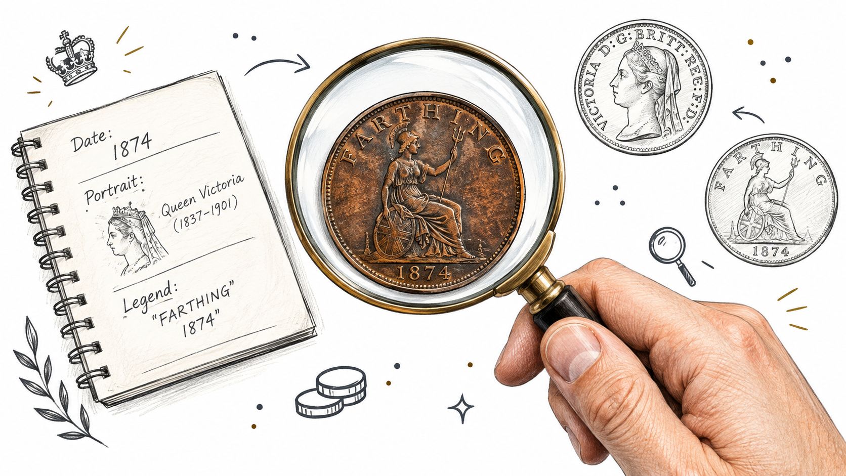 A hand holds a magnifying glass over an 1874 British farthing coin next to an informational notebook.