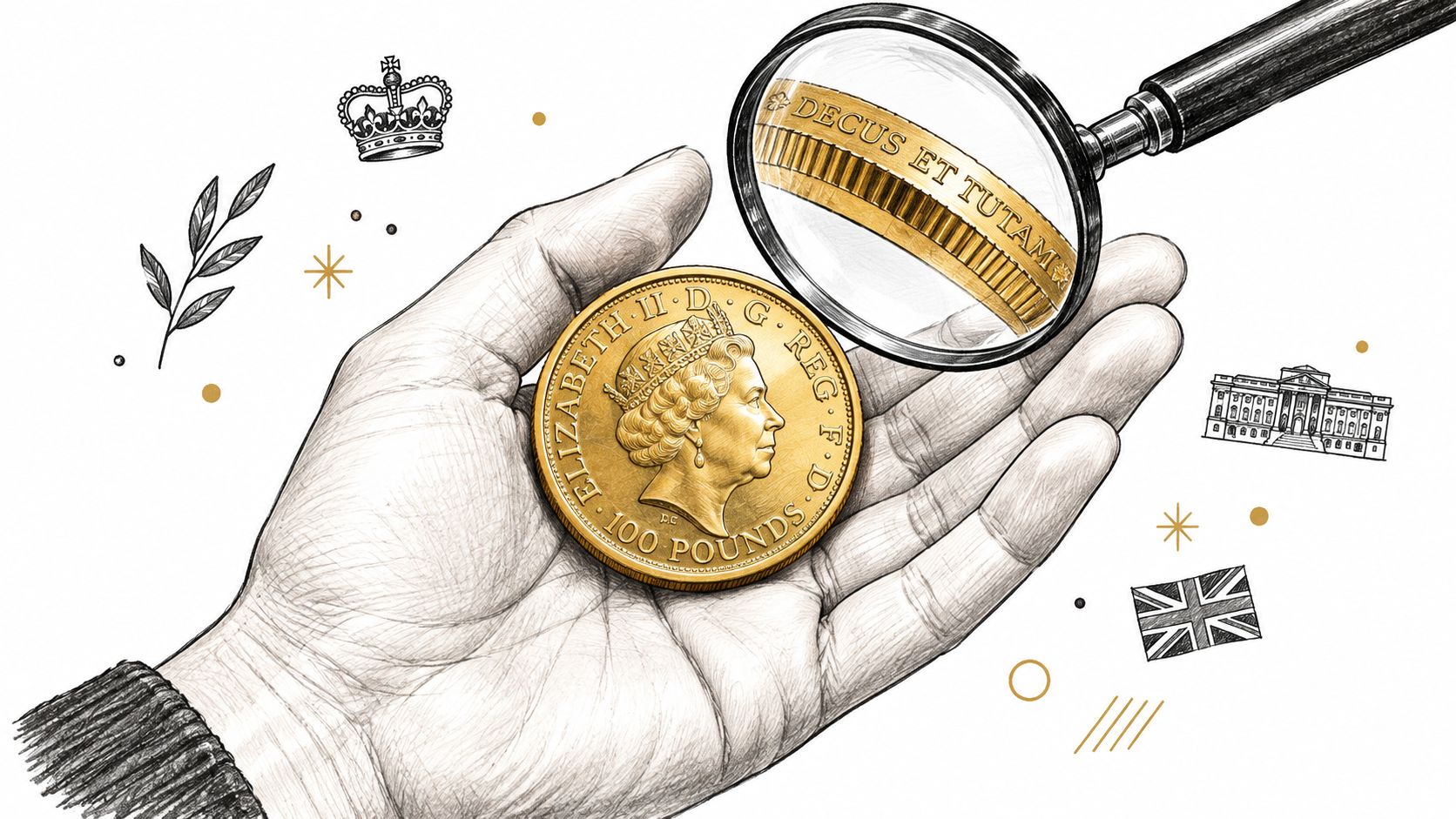 A hand holding a gold British coin with Queen Elizabeth II under a magnifying glass.