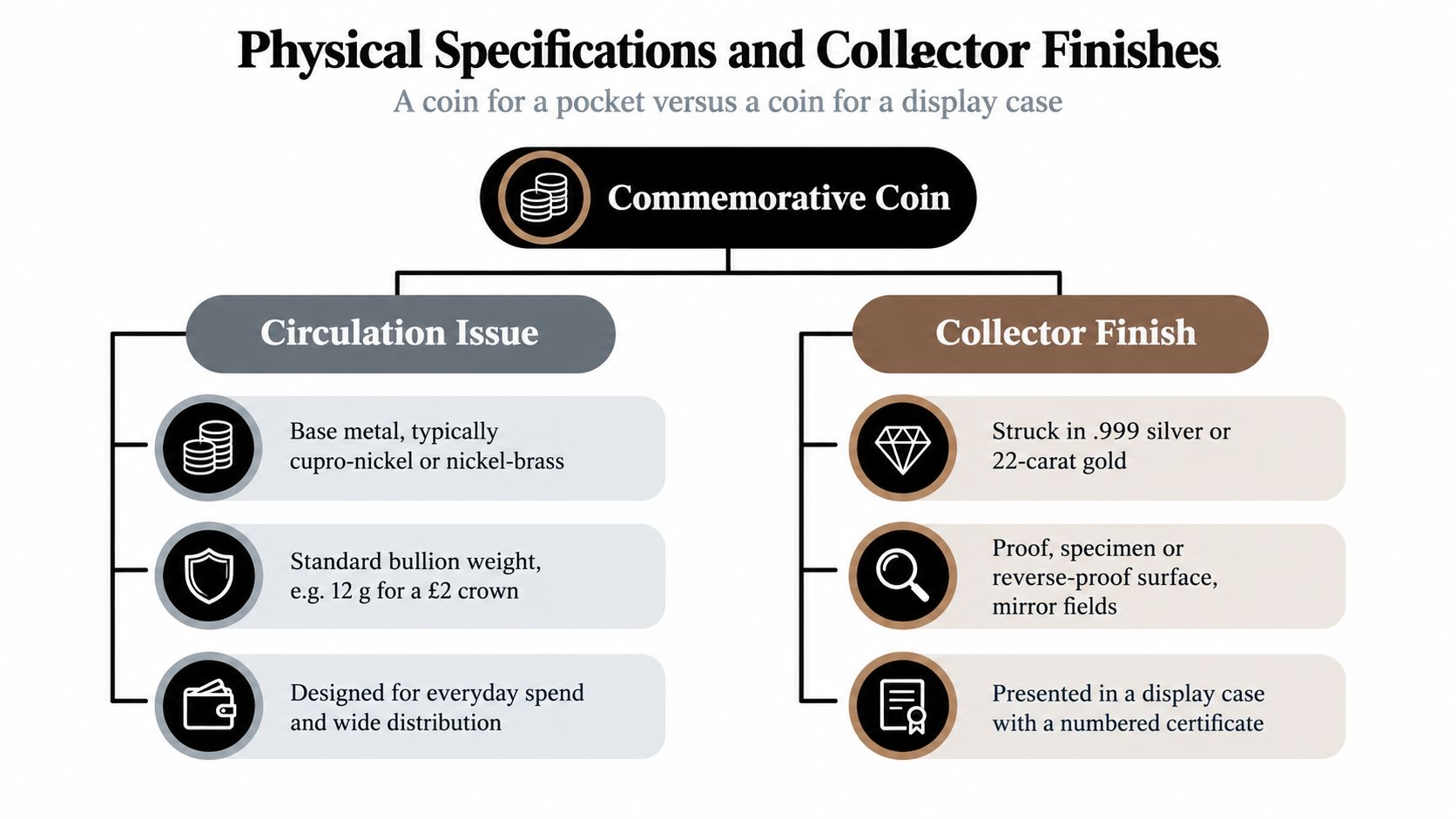 A diagram comparing the physical specifications of commemorative coins meant for circulation versus collector display purposes.
