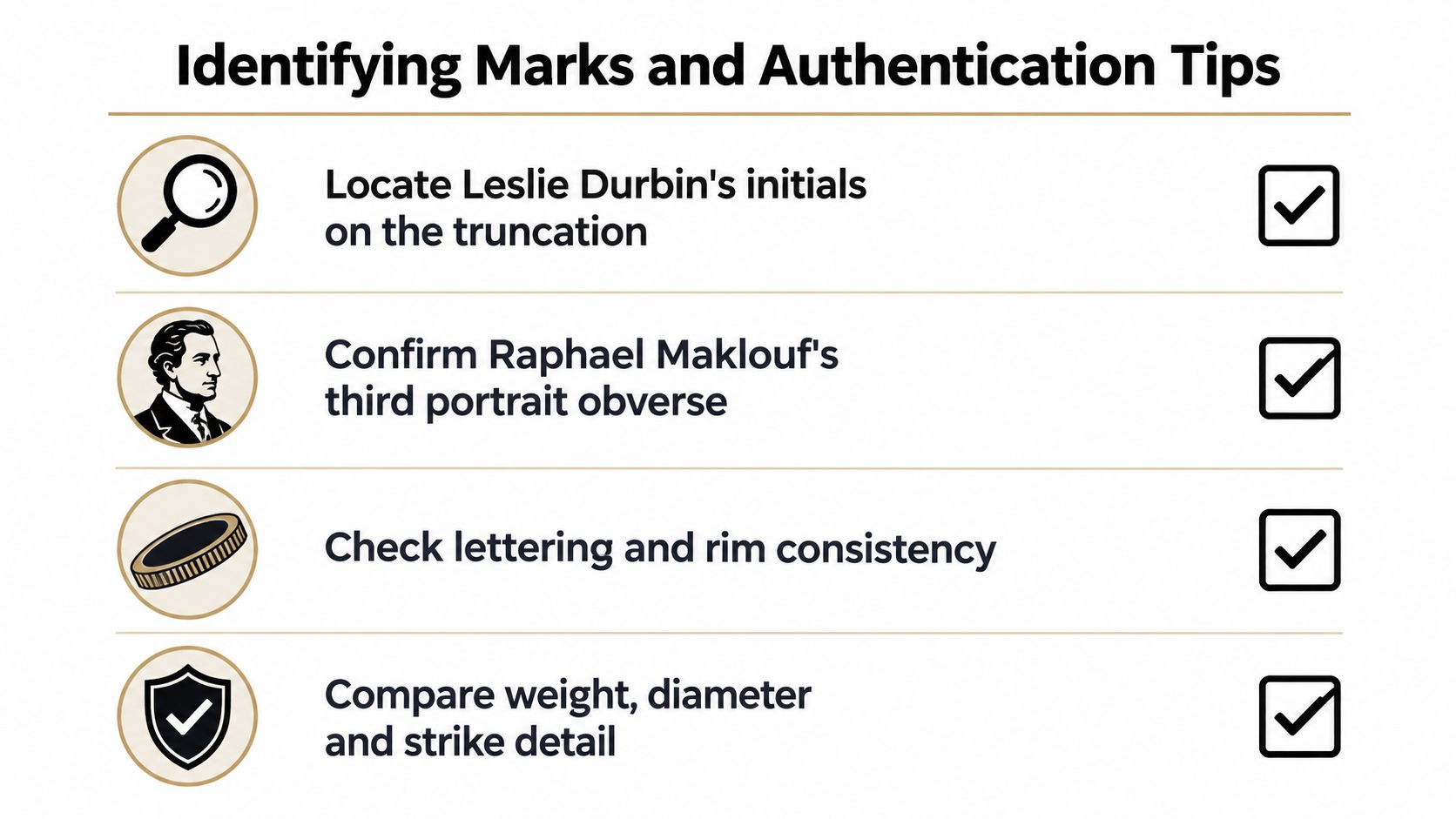 A list of authentication tips for identifying a Queen Mother 90th birthday coin, featuring icons and checkboxes.