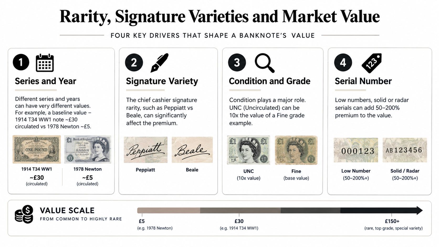 An infographic detailing the four key drivers that determine the rarity and market value of banknote currency.