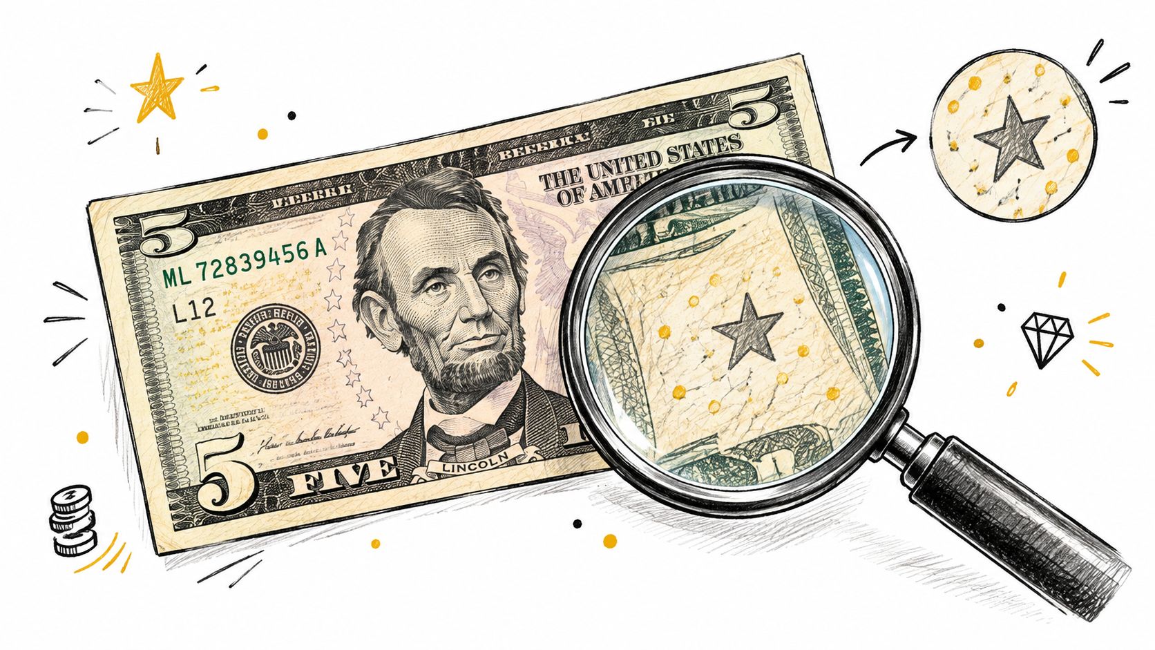 A magnifying glass inspecting a five-dollar bill, featuring Abraham Lincoln and an illustrated star graphic design.