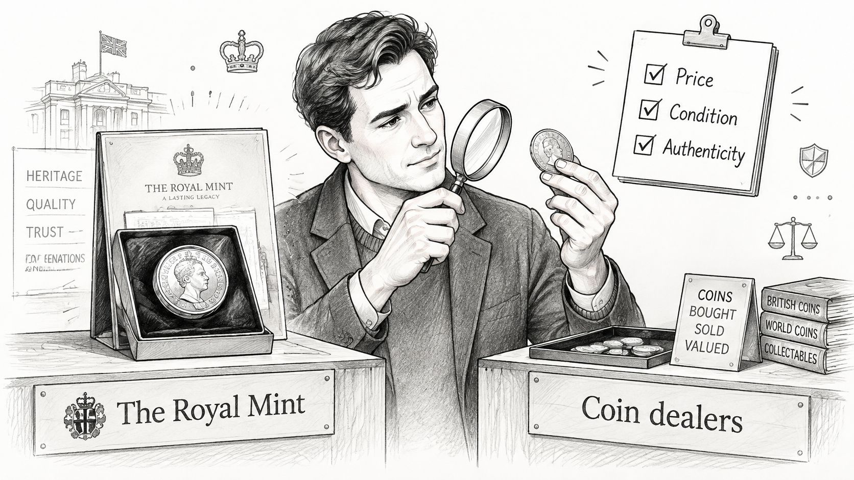 A professional numismatist examining a collectible coin with a magnifying glass in a studio setting.