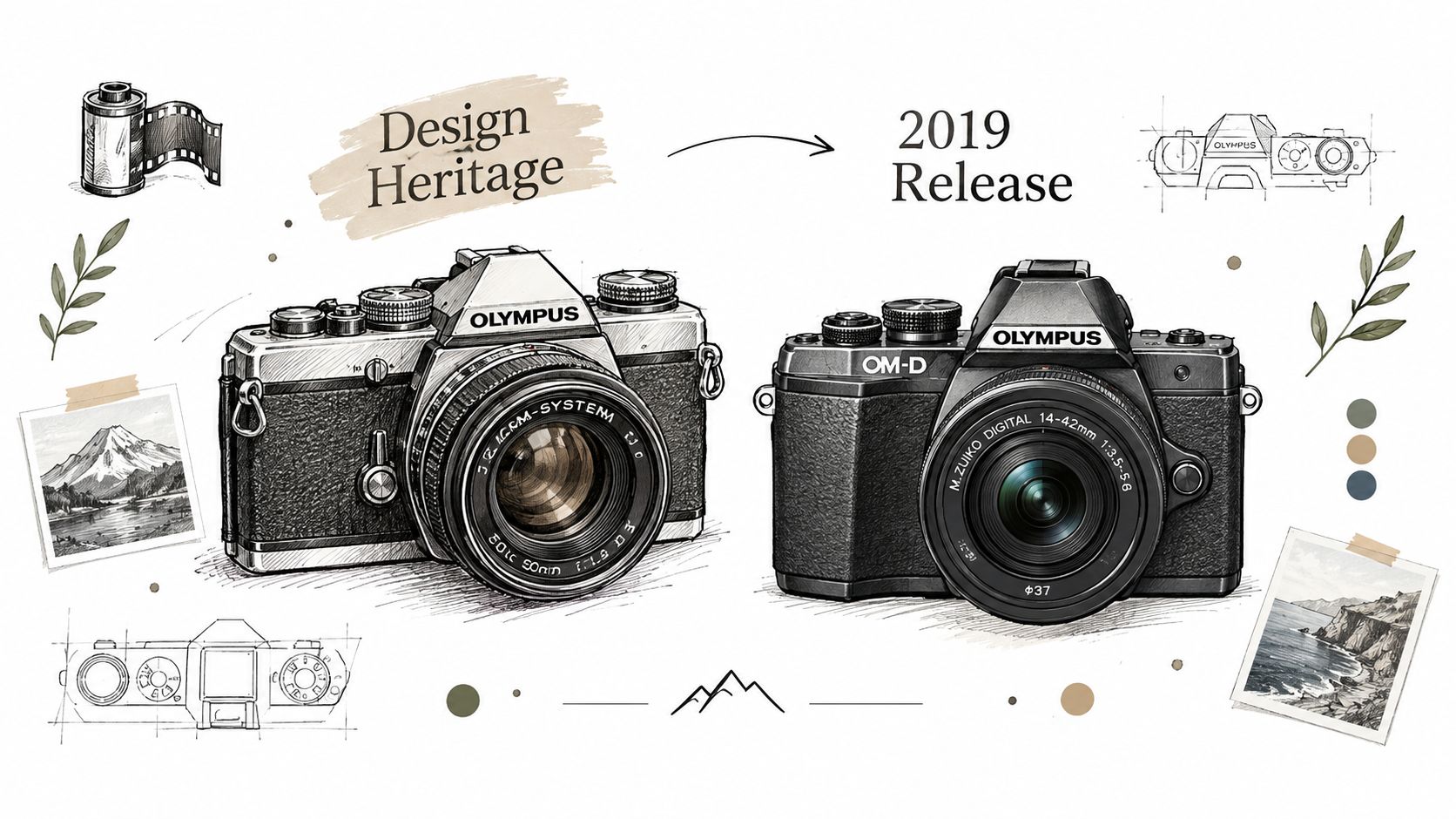 A hand-drawn illustration showing the evolution of Olympus cameras from vintage film models to modern digital versions.