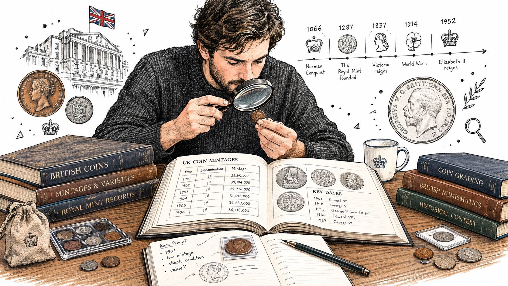 A numismatist examining antique British coins with a magnifying glass while studying historical minting records and data.