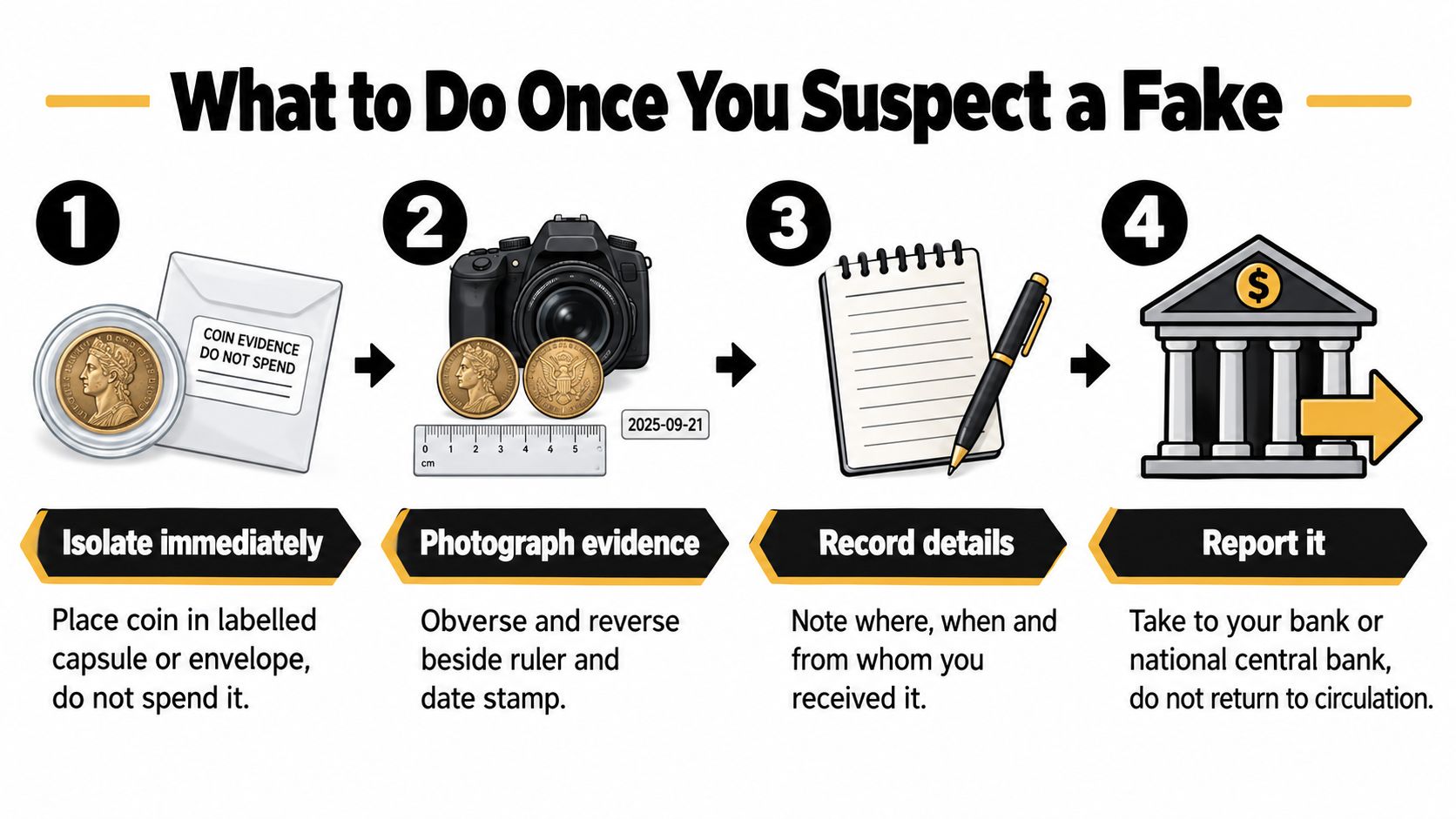 An infographic showing four steps to take when you suspect a counterfeit coin is in your possession.
